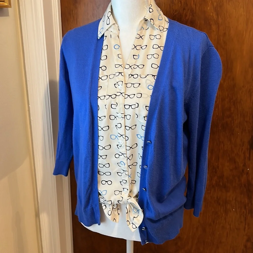 Talbots eyeglass / glasses V neck sleeveless button up. Whimsical. - Picture 4 of 8